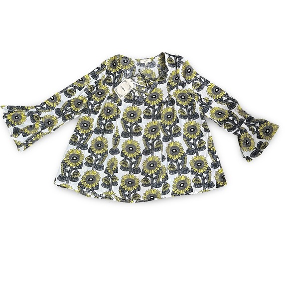 Entro Sunflower Print Lace Up Peplum Top Blouse Bell Sleeve Womens‎ Size S - Picture 5 of 6